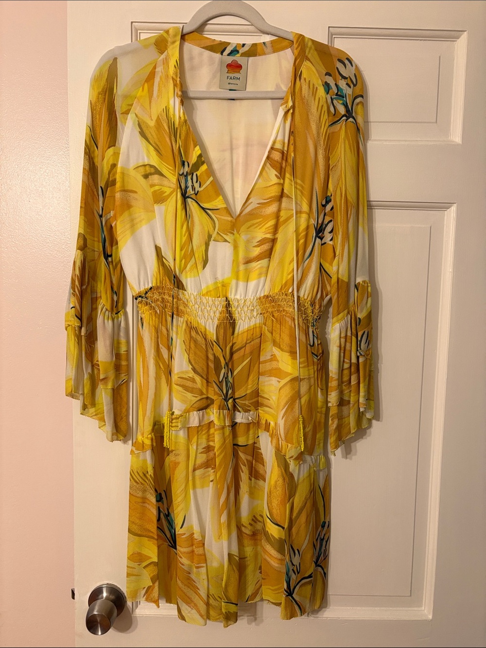 FARM Rio Yellow Floral V-Neck Mini Dress